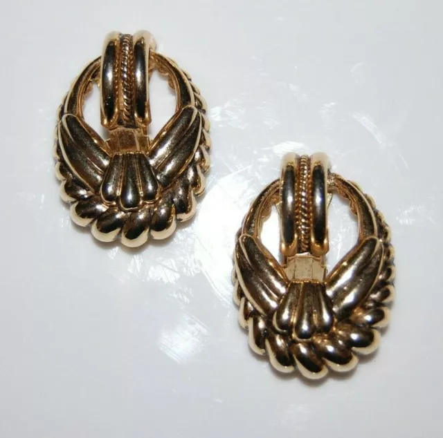 Elegant Vtg Couture Golden Antique Etruscan Style Statement Drop Clip Earrings