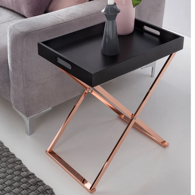 FineBuy Mesilla Bandeja 48x61x34 cm Mesa Auxiliar Negro / Cobre Mesita Salón