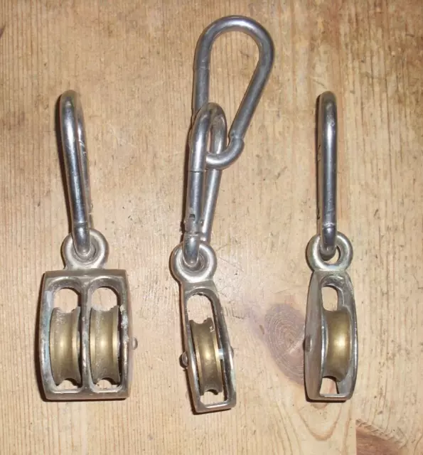 3 x  Vintage Umlenkrolle Blockseilrolle mit Karabiner messing