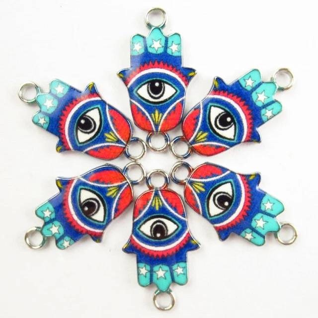 6Pcs Red Blue Enamel Tibetan Silver Evil Eye Hand Pendant Bead PJ2924
