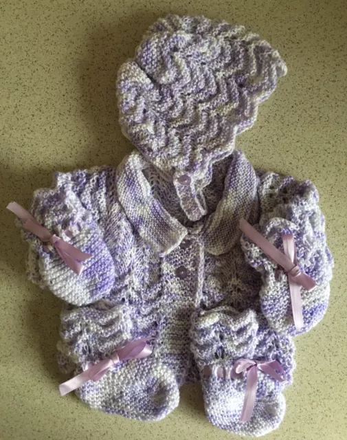 Hand Knitted - New Never Worn- 6 Piece Baby Set- Birth - 3 Months.