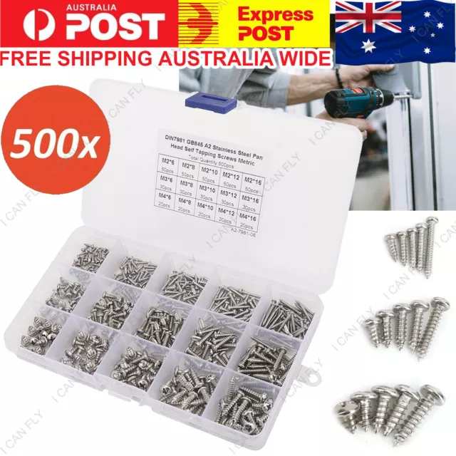 500pcs M3 304 Stainless Steel Pan Flat Head Self-Tapping Screws Assorted Kit DF