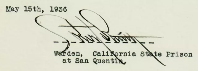 RARE! "San Quentin" Warden Court Smith Hand Signed 3X5 Card COA