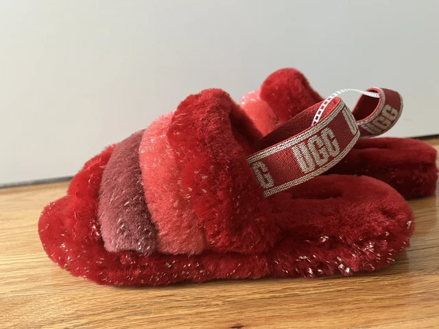 UGG Fluff Yeah Metallic Sparkle Slide Backstrap Slippers Girls Size  4 Red Multi