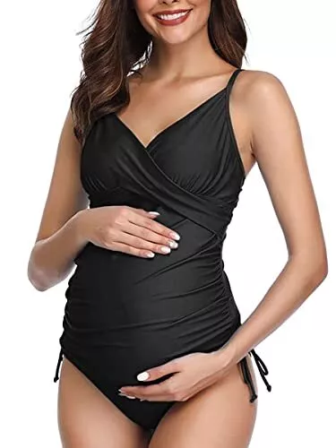 MiYang Solid Womens Maternity Swimsuit Retro Plum Wrap Front Tankini Black