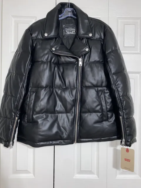 Levi’s Women’s Faux Leather Moto Puffer Zip Jacket Large Black NWT Pockets