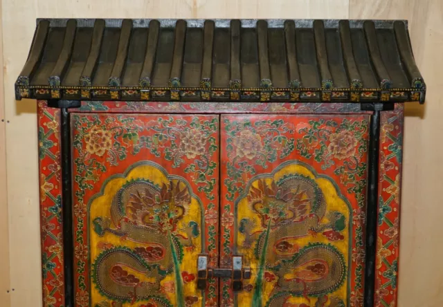 Full Sized Vintage Chinese Red Dragons Painted Pagoda Top Wardrobe With Drawers 3