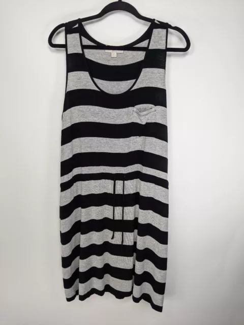 Olive & Oak Black Gray Striped Stretch Drawstring Waist Scoop Neck Dress Size XL