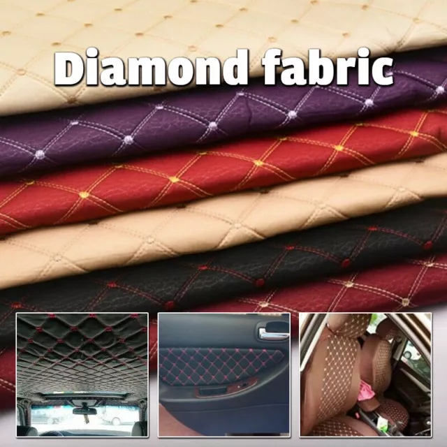 Thick Quilted Faux Leather Fabric Argyle Diamond Embroidered Car Upholstery  Trim