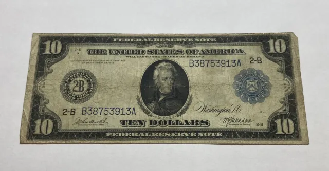 1914 $10 Federal Reserve Note New York Blue Seal Ten Dollar Bill F-908