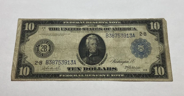 1914 $10 Federal Reserve Note New York Blue Seal Ten Dollar Bill F-908
