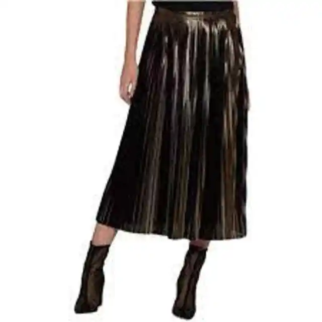 Avec Les Filles Plisse Pleated Midi Length Skirt 14 Gold Black Metallic Glam