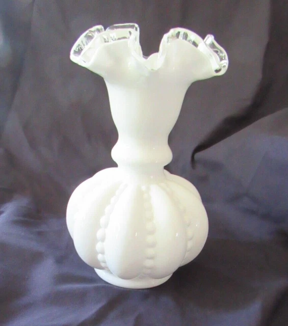Fenton White Milk Glass Silver Crest Beaded Melon 6 1/2" Vase
