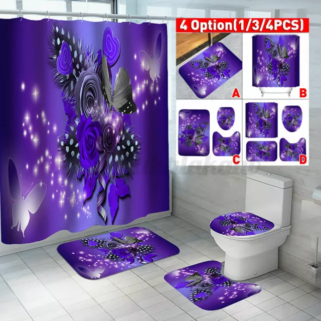 3D Purple Rose Butterfly Mat Toilet Lid Cover Bathroom Rugs Shower Curtain Love