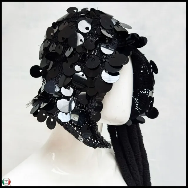 cuffia originale cappello donna elegante moda lusso nero paillette charleston 20