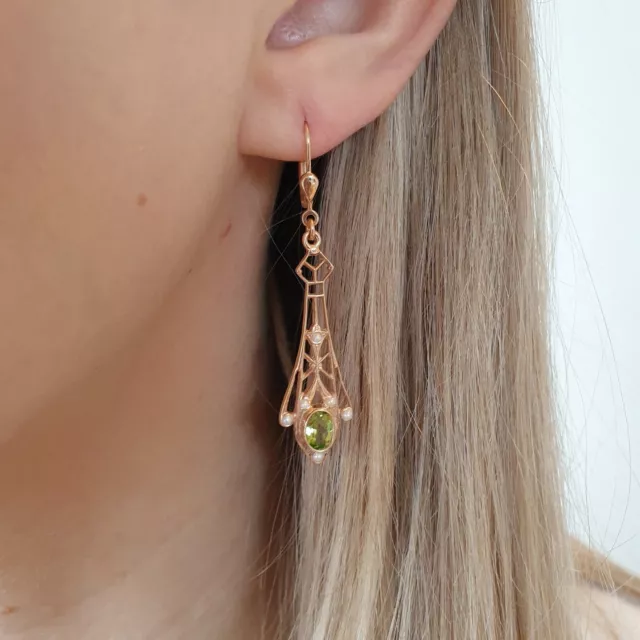 Art Nouveau Jugendstil Ohrbügel, Ohrhänger Peridot 585 Gold - 14 Karat Roségold