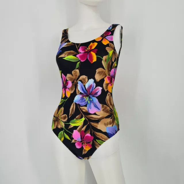 Vintage One Piece Catalina Ribbed Swimsuit Bathing Suit Black  Floral Sz S