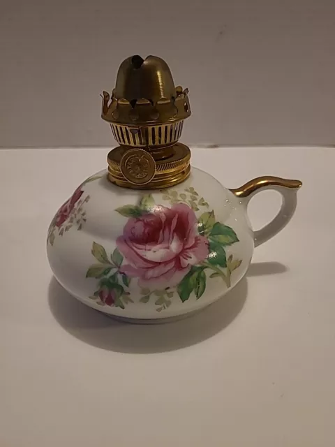 White Porcelain Pink Flower Oil Lamp Japan * Norcrest