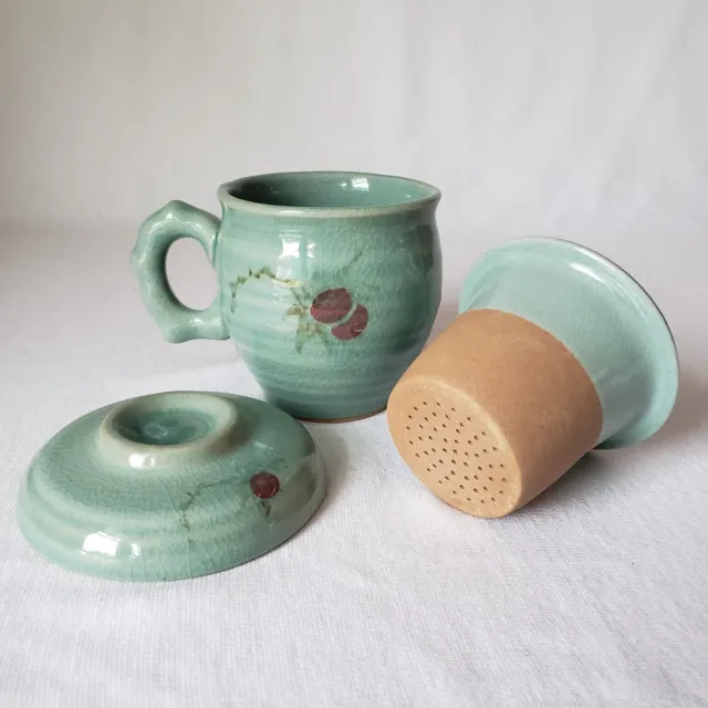 Celadon Tea Cup Mug with Infuser Strainer and Lid 3 Pieces Forest Garden