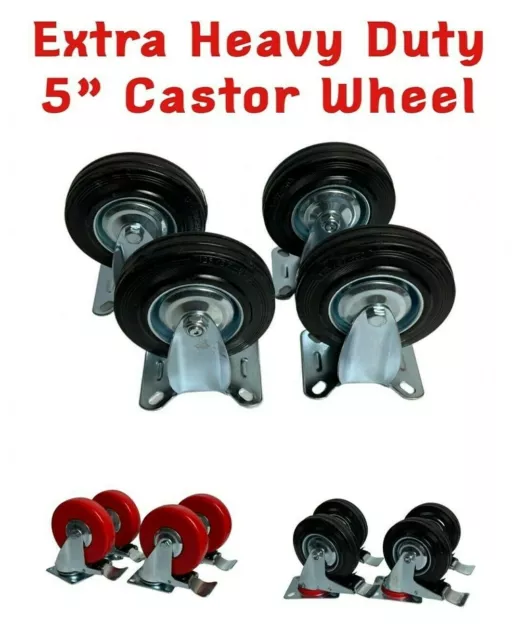Castor Wheels 5” Heavy Duty Swivel Brake Fixed Trolley Wheel 4pcs