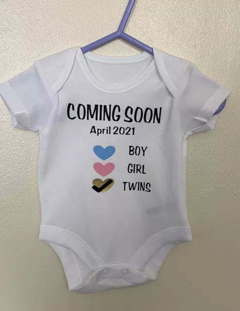 Personalised Coming Soon  Twins announcement baby grow vest  baby shower