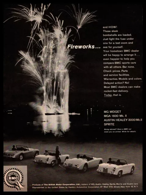 1962 BMC MG Midget MGA 1600 Mk II Austin Healey 3000 Sprite "Fireworks" Print Ad