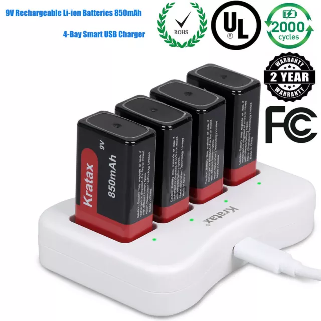 Pallus 9v Rechargeable Batteries, 4-Pack 850mAh 9 Volt Li-ion Batteries  with 9V Battery Charger