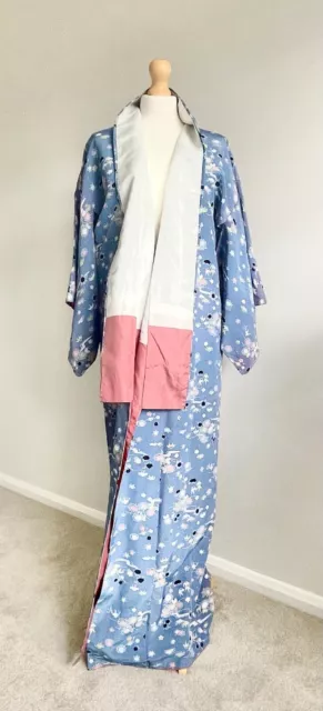 Kimono Japanese Vintage Traditional Blue Lily Pads Long Quality Tall UK12