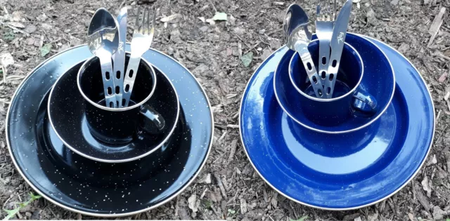 Emaille Camping Geschirr Set Tasse Teller Besteck Schüssel blau schwarz Email