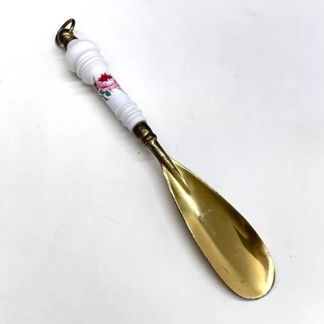 Vintage Brass Shoe Horn Porcelain Handle