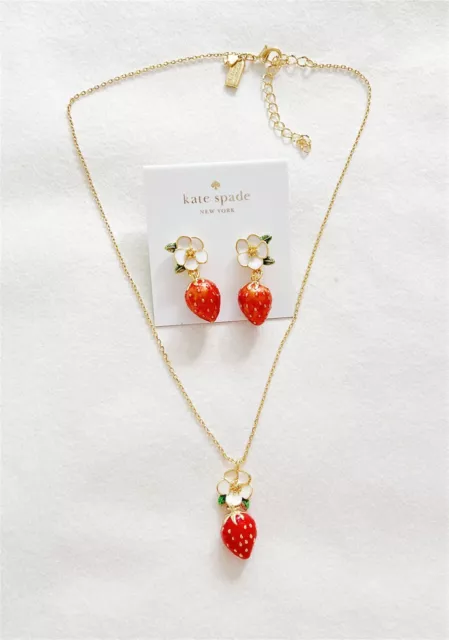 Kate Spaden Enamel Picnic Perfect Strawberry Pendant Necklace /  Drop Earrings