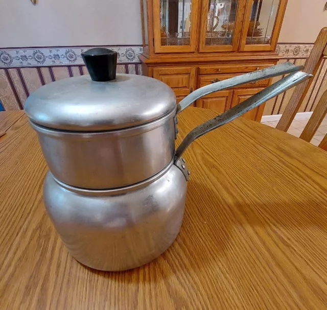 Vintage Wear-Ever Aluminum Double Boiler No. 2431 Pan Set w Lid Made in USA