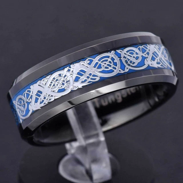 8mm Black Tungsten Blue Carbon Fiber White Celtic Dragon Bevel Men Wedding Band