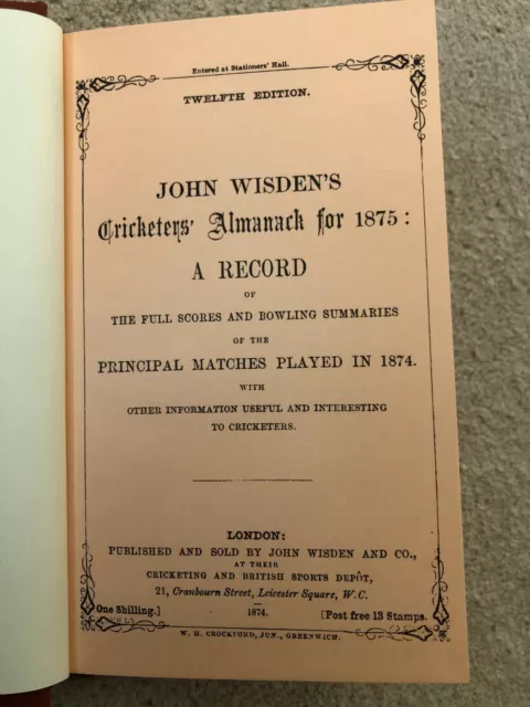 JOHN WISDEN’S CRICKETERS’ ALMANACK FOR 1875. Hardback reprint – Wisden facsimile 2