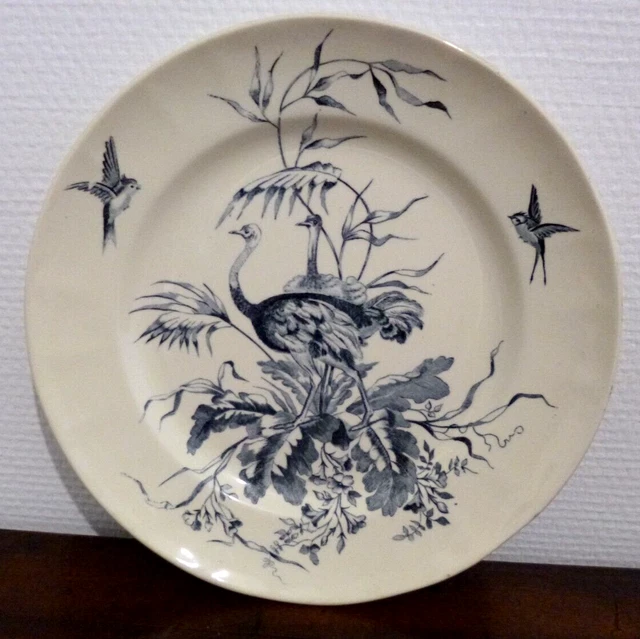 Ancienne Assiette plate en Faïence LONGCHAMP MODELE CONGO " Autruches "