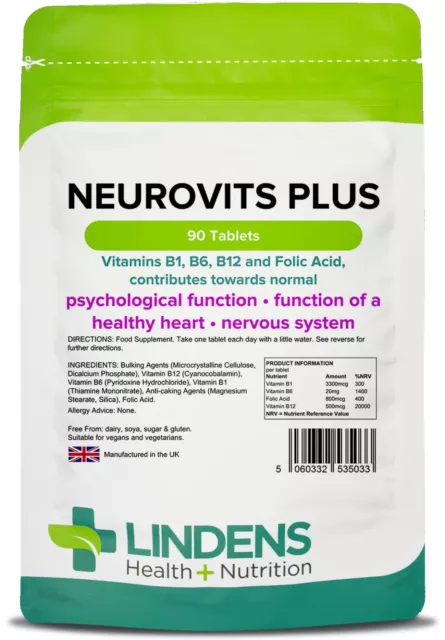 Neurovits Plus 90 Tabletten B1 B6 B12 Folsäure Lindens UK