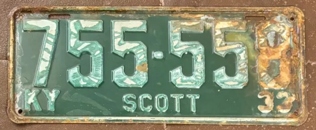 Kentucky 1933 SCOTT COUNTY License Plate # 755-558
