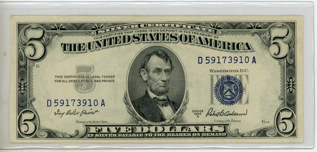 1953 A - 5 Dollar Blue Seal Silver Certificate United States Note - 2360