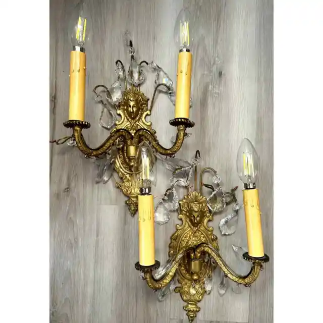 Antique French Brass & Crystal Oprea Style Wall Candelabra Style Sconce
