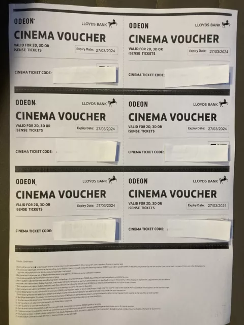 6 x Club Lloyds Odeon Cinema Tickets for iSense 2D 3D Films - Expiry 27/03/2024