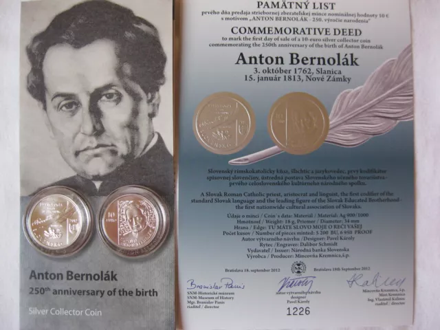 Slowakei 2012 10 Euro Silber Münze Coin St Bu - Anton Bernolak - Mit Gedenkblatt