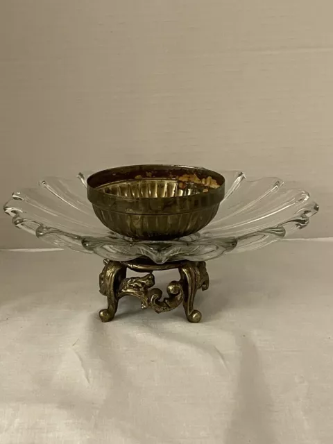 MCM Glass Scalloped Edge Gold Metal Compote Footed Pedestal Metal Bowl Center