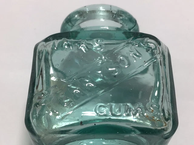 Nice Embossed TENNYSONS INKS GUMS Old Aqua Victorian Ink Bottle J34