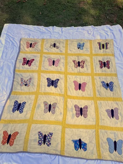 Hand Stitched Butterfly Squares Cotton Quilt Vintage Butterfly Quilt READ