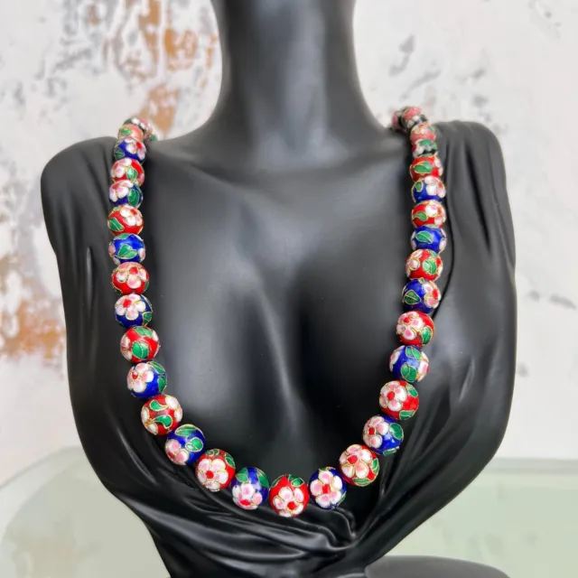 Vintage Chinese Export Enamel BLUE RED PINK BLACK Cloisonné Bead Necklace 60cm 2