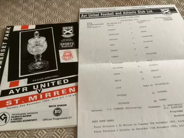 1993/94 Ayr United v St.Mirren   B&Q Cup Semi Final and team sheet