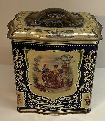 Vintage Tin With Lid Dark BLUE Victorian Scenes on Each Side Made in England