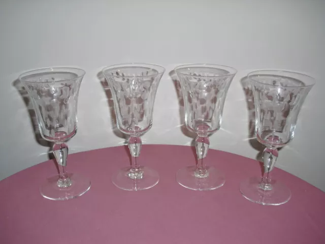 VINTAGE Cut Etched Crystal Wine Goblets / Glasses Stems - Set of 4