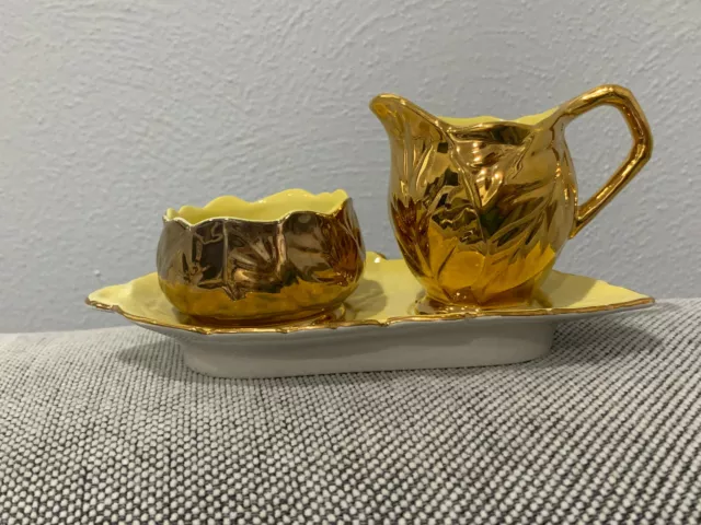 Vintage Grimwades Royal Winton Gold & Yellow Leaf Form Creamer & Sugar Dish Tray