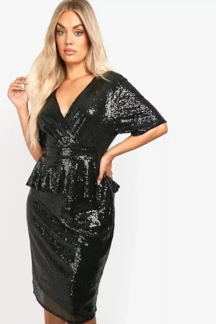 Boohoo PLUS Black Sequin Midi Peplum Party Wrap Dress Size 18 BNWT